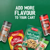 An advertisement for Schwartz products shows a packet of Schwartz Bella Italia Pollo Funghi Creamy Chicken & Wild Mushroom Rigatoni 30G alongside other seasonings like Chilli Con Carne mix, Crushed Chilli, Black Pepper, and Garlic Salt, all under the text ADD MORE FLAVOUR TO YOUR CART.