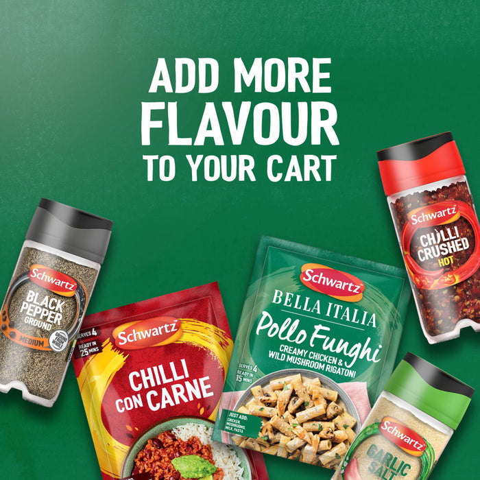 An advertisement for Schwartz products shows a packet of Schwartz Bella Italia Pollo Funghi Creamy Chicken & Wild Mushroom Rigatoni 30G alongside other seasonings like Chilli Con Carne mix, Crushed Chilli, Black Pepper, and Garlic Salt, all under the text ADD MORE FLAVOUR TO YOUR CART.