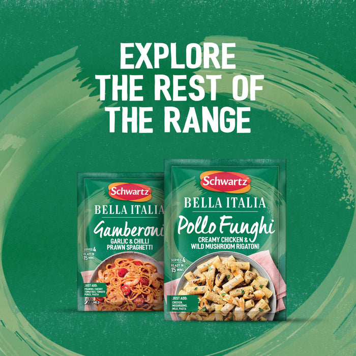 An advertisement encourages customers to explore the Schwartz Bella Italia range, showcasing a packet of Schwartz Bella Italia Pollo Funghi Creamy Chicken & Wild Mushroom Rigatoni 30G next to the Gamberoni variety on a green textured background.