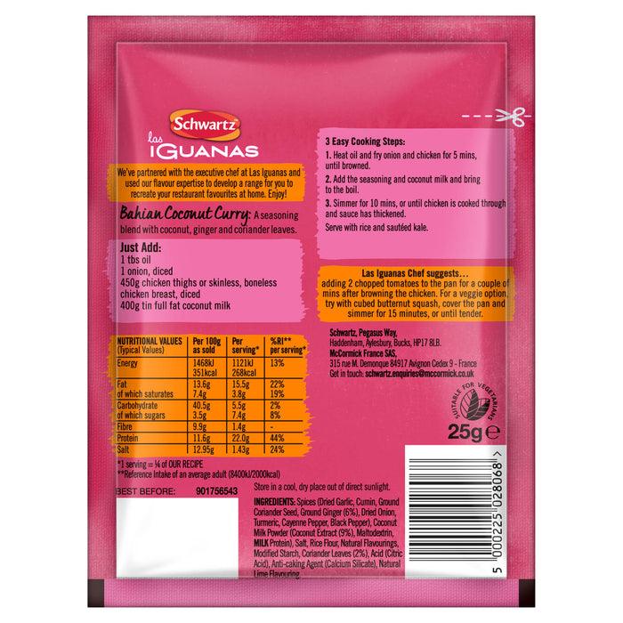 The front and back of a sachet of Schwartz Las Iguanas Bahian Coconut Curry 25G, showing the ingredients, nutritional information, and cooking instructions.
