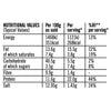 A nutritional information table for the Schwartz Las Iguanas Bahian Coconut Curry 25G, detailing values for energy, fat, carbohydrates, fibre, protein, and salt per 100g and per serving.