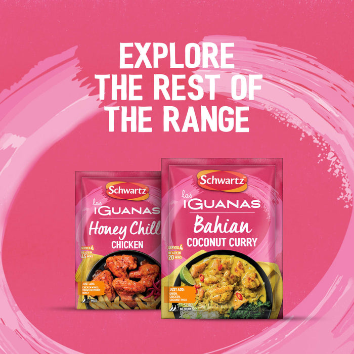 An advertisement shows a packet of Schwartz Las Iguanas Bahian Coconut Curry 25G next to a Honey Chill Chicken packet to encourage customers to explore the rest of the range.