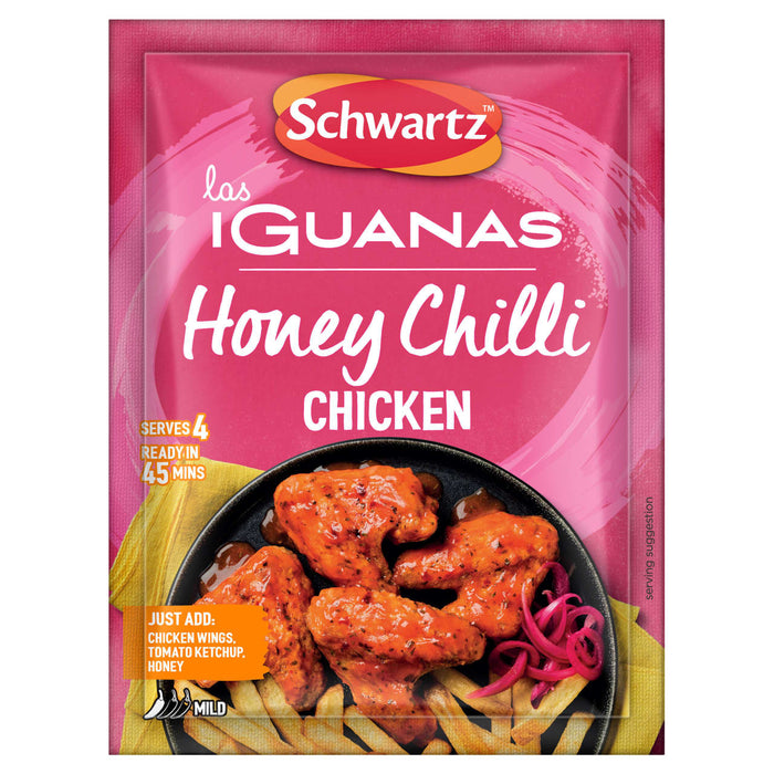 A pink sachet of Schwartz Las Iguanas Honey Chilli Chicken 35G seasoning mix is shown above a serving suggestion of honey chilli chicken wings and fries.