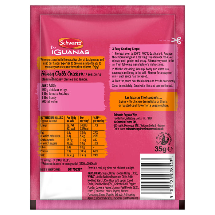 The back of a packet of Schwartz Las Iguanas Honey Chilli Chicken 35G, showing the ingredients, nutritional information, and cooking instructions.