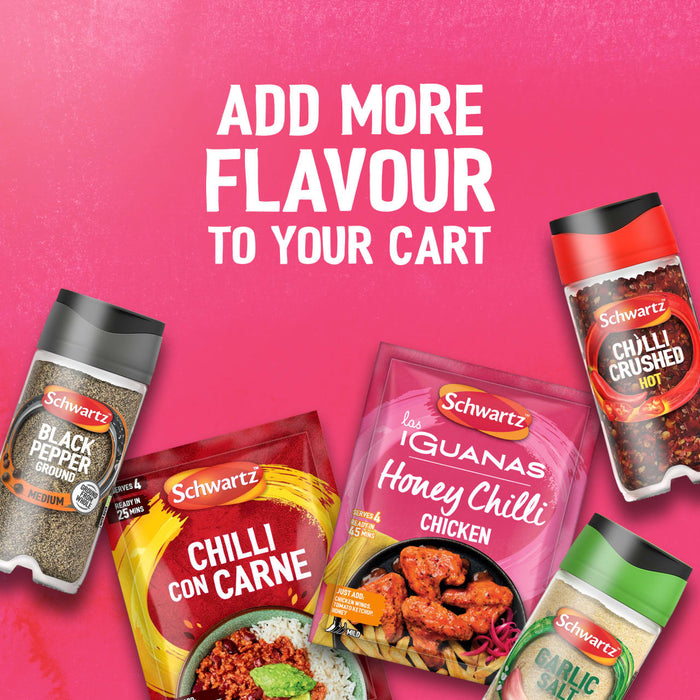 A vibrant pink graphic encourages shoppers to add more flavor to their cart with a selection of spices including Schwartz Black Pepper Ground, Schwartz Chilli Con Carne, Schwartz Chilli Crushed, Schwartz Garlic Salt, and a packet of Schwartz Las Iguanas Honey Chilli Chicken 35G.
