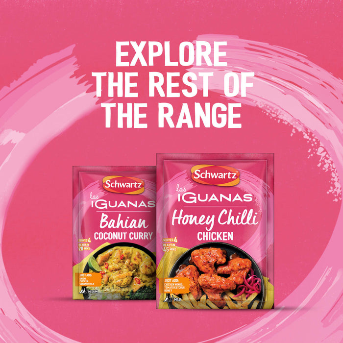 A promotional graphic featuring Schwartz Las Iguanas Honey Chilli Chicken 35G alongside a Bahian Coconut Curry packet against a vibrant pink background with the text Explore the rest of the range.