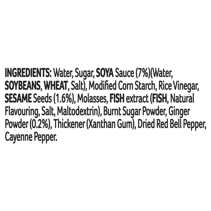 An ingredient list for Schwartz Forfish Dark Soy Sesame Ginger Sauce 300G featuring water, sugar, soya sauce, sesame seeds, and fish extract.