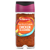 A clear glass jar of Schwartz Paprika and Lemon Chicken Seasoning Reduced Salt 43G featuring a vibrant orange label with illustrations of lemon wedges and red peppers.