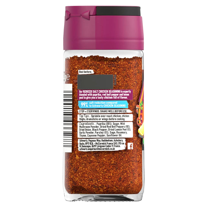 The back label of Schwartz Paprika & Lemon Chicken Seasoning Reduced Salt 43G provides detailed ingredients including paprika, wild mushroom powder, and dried lemon peel along with cooking tips for roast chicken.