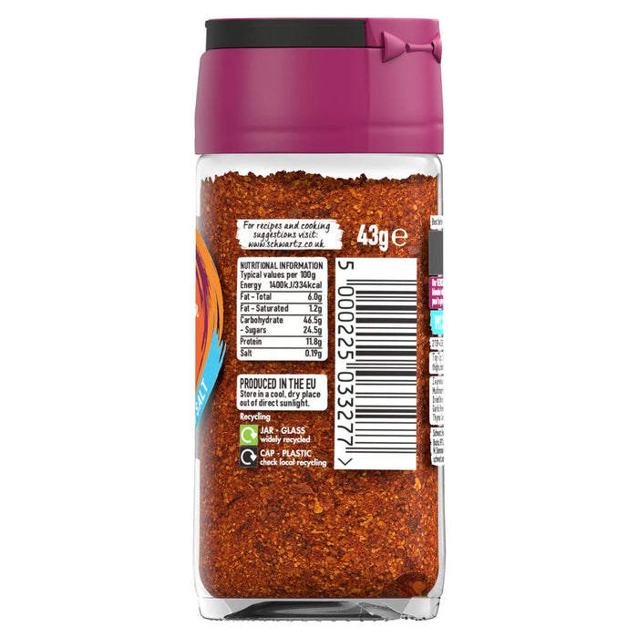 A back view of a glass jar containing Schwartz Paprika & Lemon Chicken Seasoning Reduced Salt 43G shows the nutritional information and recycling instructions on the label.