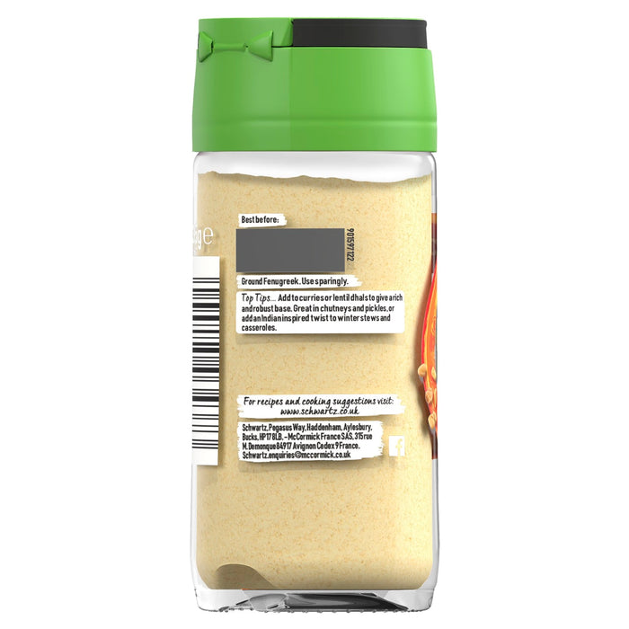 A back view of the Schwartz Ground Fenugreek 35G Jar showing usage tips and contact information on a clear label with a green lid.