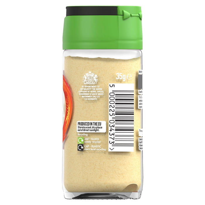 The back label of a Schwartz Ground Fenugreek 35G Jar displays the royal warrant and recycling information for the glass jar and plastic cap.