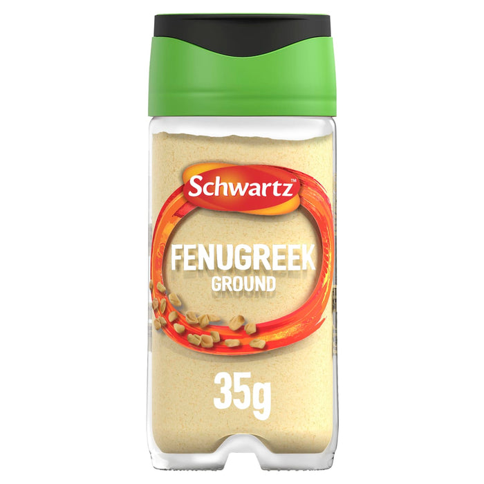 A clear glass Schwartz Ground Fenugreek 35G Jar with a green and black lid containing a pale yellow spice powder.