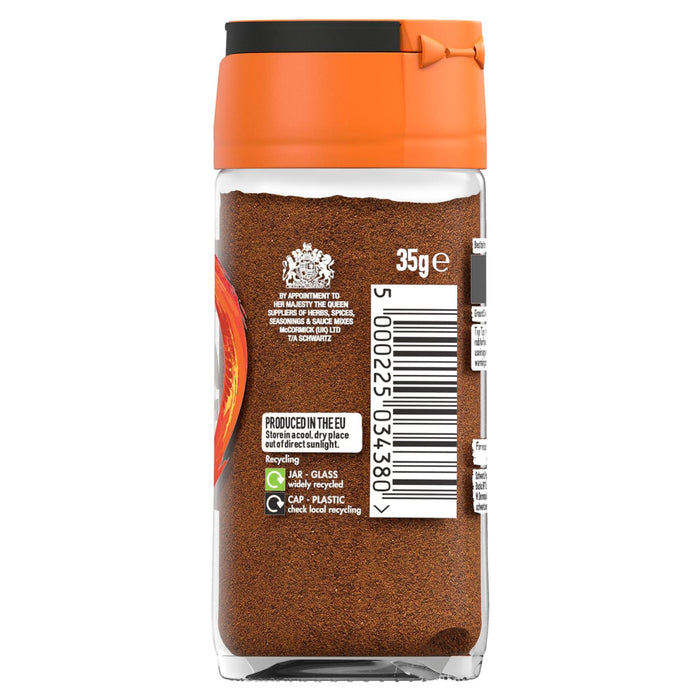 A back view of the Schwartz Ground Cloves 35G Jar showing the barcode and recycling information for the glass jar and plastic cap.
