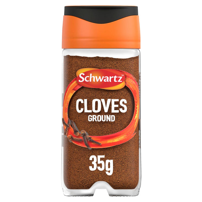 A clear glass Schwartz Ground Cloves 35G Jar filled with finely milled dark brown spice and topped with a signature orange and black flip-top lid.