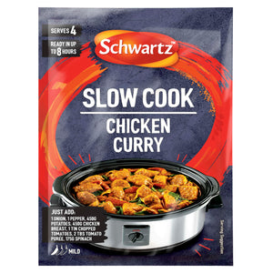 A package of Schwartz Chicken Curry Slow Cookers Recipe Mix 33G featuring a mild spice rating and a photo of a slow cooker filled with a hearty chicken and vegetable curry.