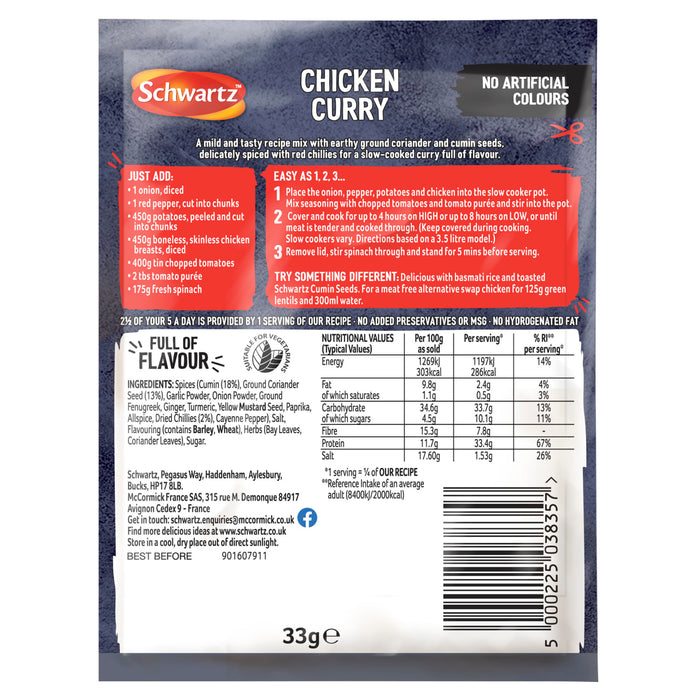 The back of a Schwartz Chicken Curry Slow Cookers Recipe Mix 33G packet provides detailed cooking instructions along with a full list of ingredients and nutritional information.