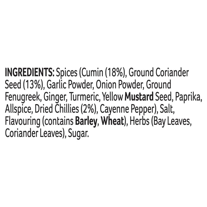 The ingredient list for Schwartz Chicken Curry Slow Cookers Recipe Mix 33G includes spices like cumin and coriander seed along with mustard seed barley and wheat.