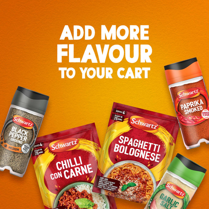 An advertisement shows a jar of Schwartz Smoked Paprika 40G alongside other Schwartz products like Black Pepper and Spaghetti Bolognese mix, with the text Add more flavour to your cart.