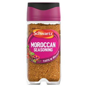 A clear glass jar of Schwartz Moroccan Seasoning 40G with a vibrant pink label featuring illustrations of cinnamon sticks and red peppers.