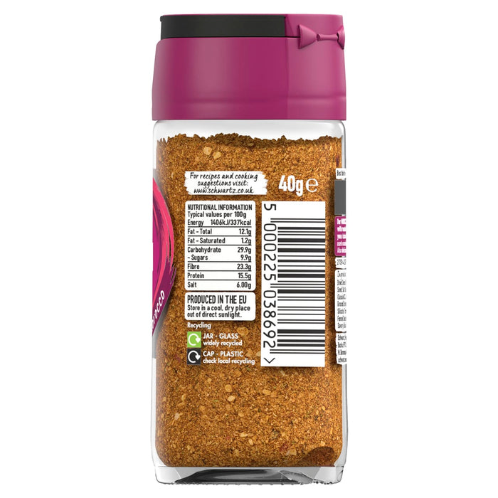 A back view of a glass jar of Schwartz Moroccan Seasoning 40G showing the nutritional information and recycling instructions on the label.