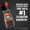 A promotional graphic for Schwartz Black Peppercorns Adjustable Medium Grinder 35G highlights its status as the top choice from the UK number one flavor experts according to Nielsen sales data.