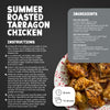 An infographic for a summer roasted tarragon chicken recipe featuring a list of ingredients including Schwartz Black Peppercorns Adjustable Medium Grinder 35G and step by step cooking instructions.