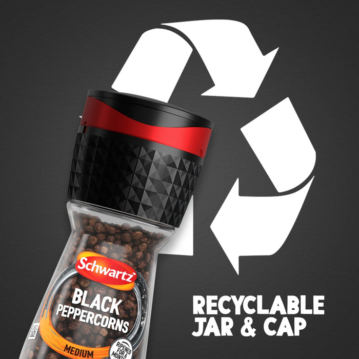 A promotional graphic featuring a Schwartz Black Peppercorns Adjustable Medium Grinder 35G positioned in front of a large white recycling symbol to highlight that the jar and cap are recyclable.