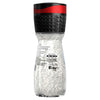 A clear glass grinder bottle of Schwartz Sea Salt, 60G showing the coarse white salt crystals and the adjustable black and red grinder cap.