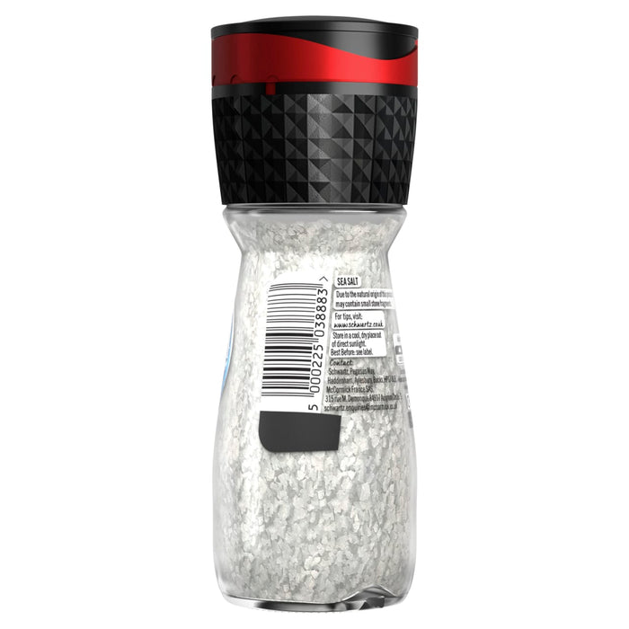 A back view of a glass grinder bottle containing Schwartz Sea Salt, 60G showing the barcode and product information.