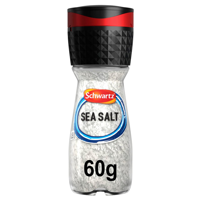 A clear glass grinder bottle of Schwartz Sea Salt, 60G shows the coarse white salt crystals through the label and features a black and red adjustable grinding cap.