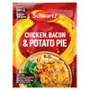 A packet of Schwartz New Limited Edition Ckn,Bac And Potato Pie 35G featuring a vibrant red and yellow design with a serving suggestion of the creamy chicken dish alongside green beans and broccoli.