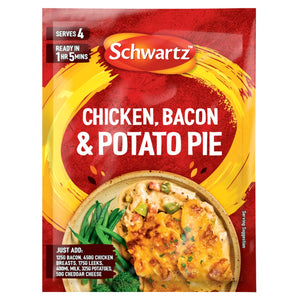 A packet of Schwartz New Limited Edition Ckn,Bac And Potato Pie 35G featuring a vibrant red and yellow design with a serving suggestion of the creamy chicken dish alongside green beans and broccoli.