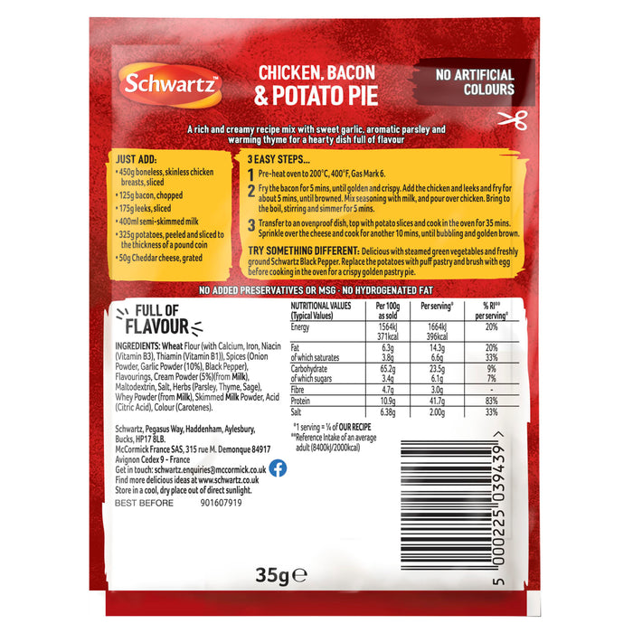 The back of a packet of Schwartz New Limited Edition Ckn,Bac And Potato Pie 35G provides a rich and creamy recipe mix along with detailed cooking instructions and nutritional information.