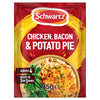 A packet of Schwartz New Limited Edition Ckn,Bac And Potato Pie 35G seasoning mix featuring a vibrant red and yellow design with a serving suggestion of the finished dish.