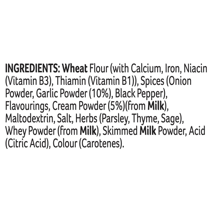 A detailed list of ingredients for Schwartz New Limited Edition Ckn,Bac And Potato Pie 35G including wheat flour, spices like onion and garlic powder, cream powder, and herbs such as parsley, thyme, and sage.