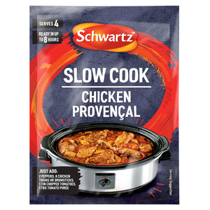 A packet of Schwartz Slow Cook Chicken Provençal Recipe Mix 35G featuring a slow cooker filled with a hearty chicken and vegetable stew.