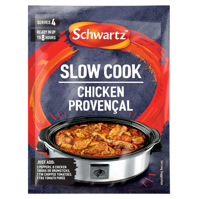 A packet of Schwartz Slow Cook Chicken Provençal Recipe Mix 35G featuring a slow cooker filled with a hearty chicken and vegetable stew.