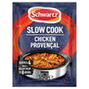 A packet of Schwartz Slow Cook Chicken Provençal Recipe Mix 35G featuring a slow cooker filled with a savory chicken and vegetable stew against a dark blue background with orange brushstroke accents.