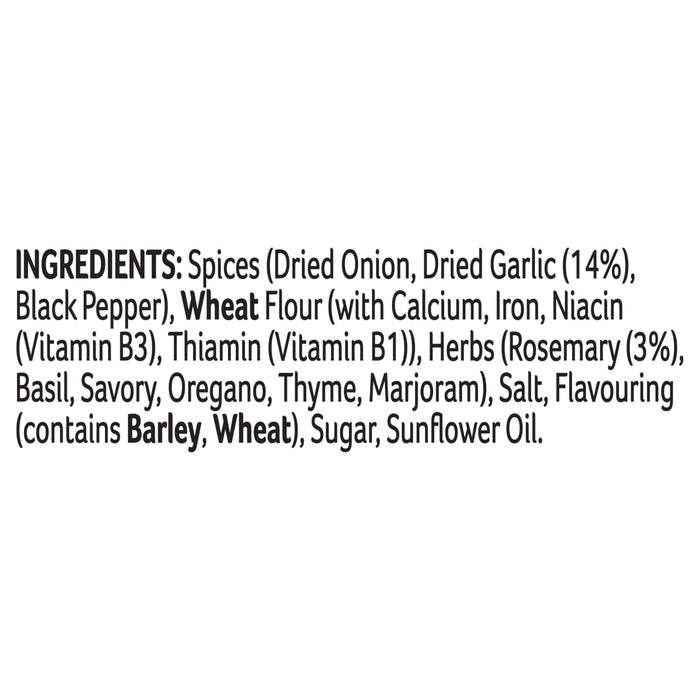 The ingredient list for Schwartz Slow Cook Chicken Provençal Recipe Mix 35G includes spices like dried onion and garlic, wheat flour, herbs such as rosemary and basil, salt, and flavouring containing barley and wheat.