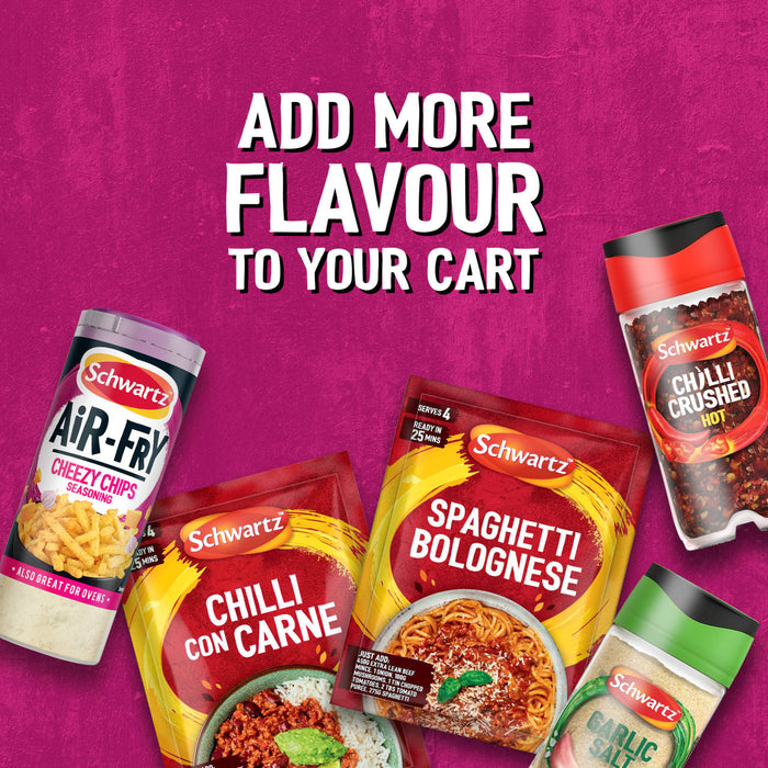 A vibrant promotional graphic featuring Schwartz Af Fries Seas alongside other Schwartz products like Chilli Con Carne and Spaghetti Bolognese seasoning mixes to add more flavor to your cart.