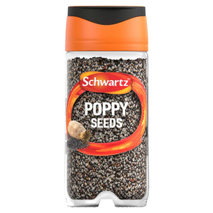 A clear glass jar of Schwartz Poppy Seeds 48G featuring a black and orange lid and a label showing a whole poppy pod.