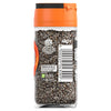 A clear glass jar of Schwartz Poppy Seeds 48G featuring an orange flip top lid and a label with a Royal Warrant and recycling information.