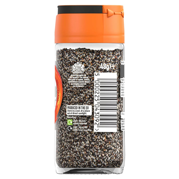 A clear glass jar of Schwartz Poppy Seeds 48G featuring an orange flip top lid and a label with a Royal Warrant and recycling information.
