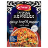A package of Schwartz Pizza Express Sa Pe Spicy Beef Pepper Pasta mix is shown in front of a delicious serving suggestion of the finished pasta bake in a white bowl.