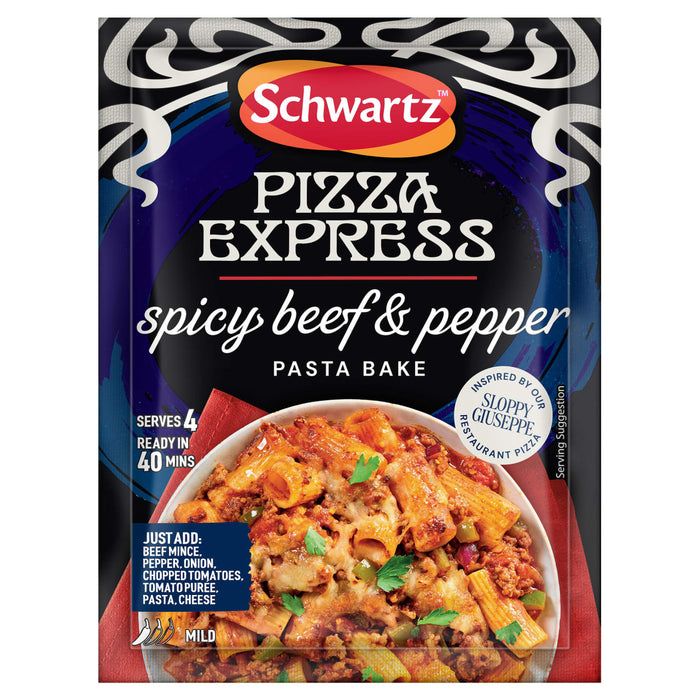 A package of Schwartz Pizza Express Sa Pe Spicy Beef Pepper Pasta mix is shown in front of a delicious serving suggestion of the finished pasta bake in a white bowl.