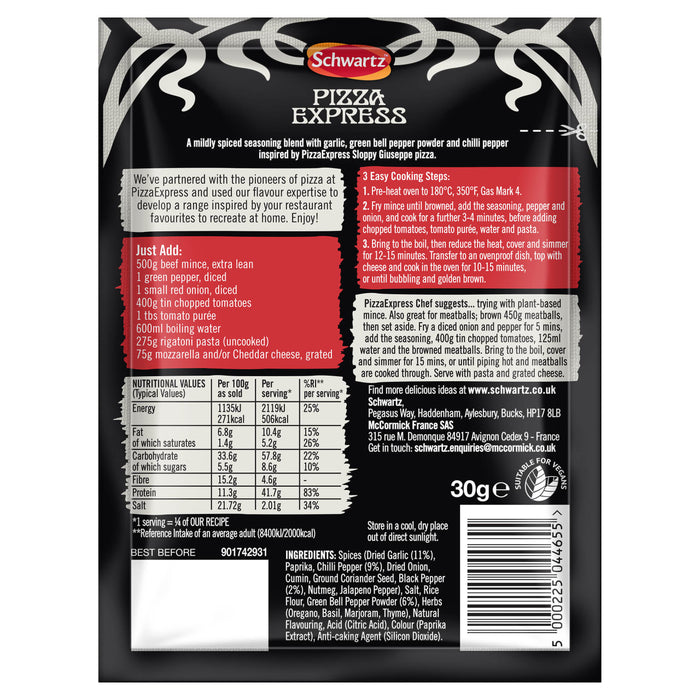 The back of a black Schwartz packet of Sa Pe Spicy Beef Pepper Pasta seasoning mix is displayed, showing the cooking instructions, nutritional information, and ingredients list.