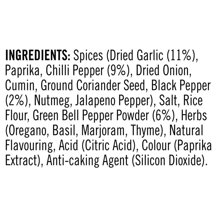 The ingredients list for Sa Pe Spicy Beef Pepper Pasta is displayed in bold, black text, detailing components such as spices, herbs, and natural flavouring.
