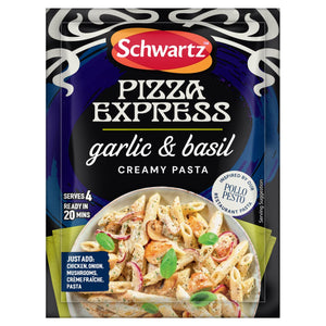 A front-view of a Schwartz packet of Sa Pe Garlicbasil Creamy Pasta mix, shown above a bowl of the finished creamy pasta dish with chicken, mushrooms, and basil.