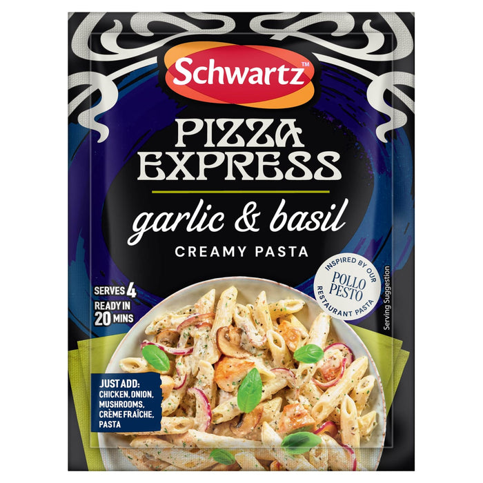 A front-view of a Schwartz packet of Sa Pe Garlicbasil Creamy Pasta mix, shown above a bowl of the finished creamy pasta dish with chicken, mushrooms, and basil.